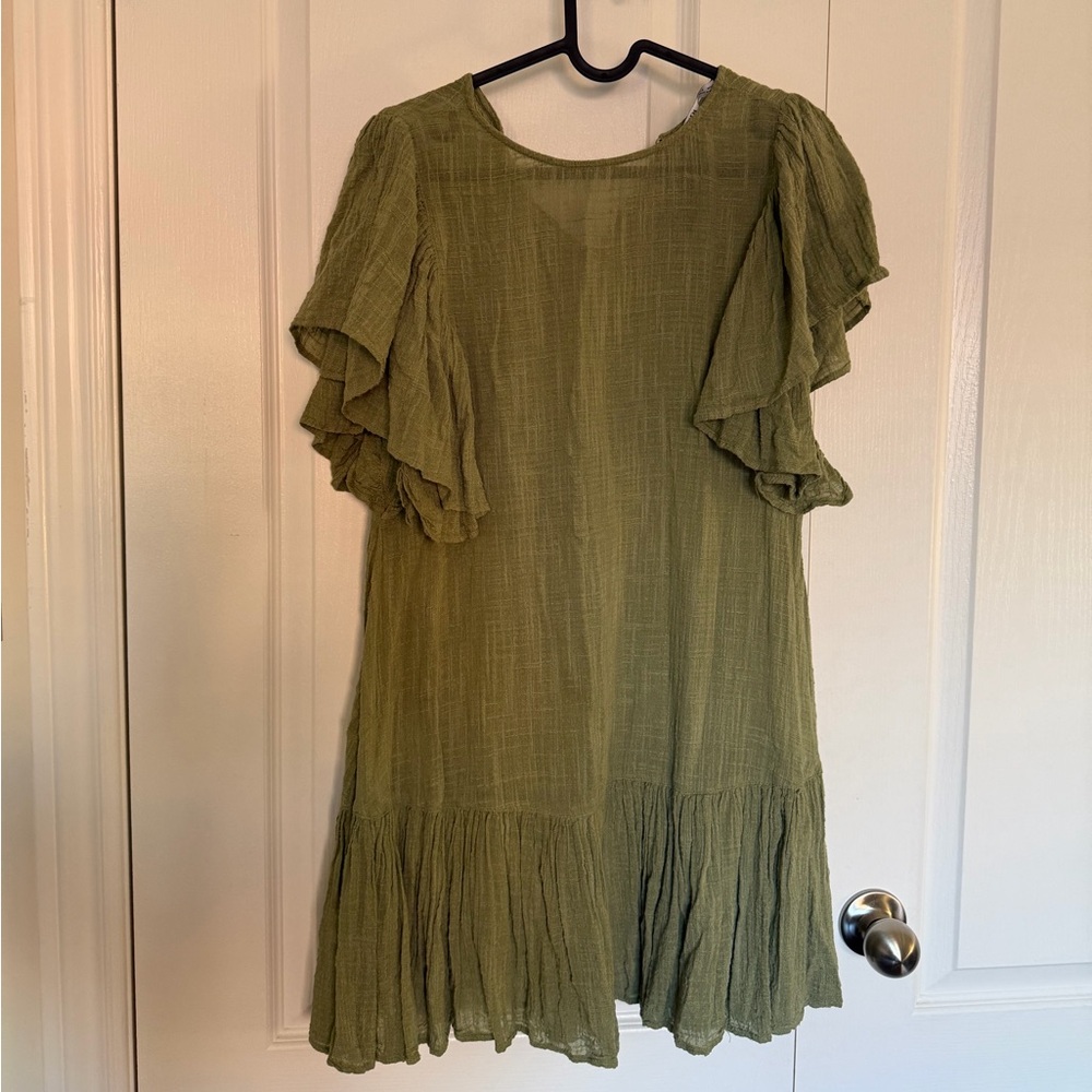 Zara Olive Mini Dress with Ruffle Sleeves - Size S